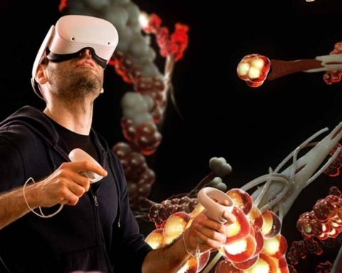Person wearing virtual reality headset